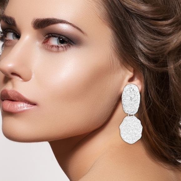 Andante Textured Oval Drop Earrings in Silvertone - Picture 2 of 5